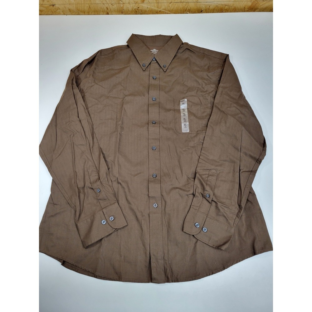 Dockers XL‎ Long Sleeve Brown Button Front Dress Shirt No Wrinkle Stain Defender